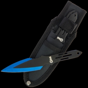 The GOL-195-3BL Throwing Knife Set from Perfect Point contains three stainless steel knives that have a double edge spear point blade with thumb jimping and a low recess that aids grip.