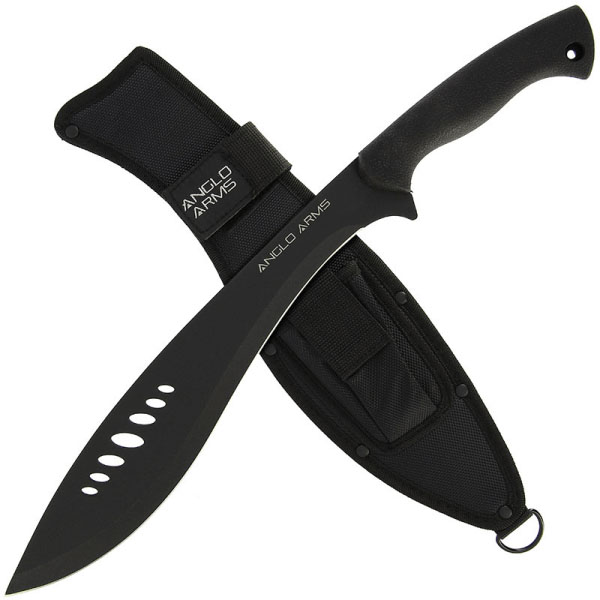 A kukri shaped machete shown with a black nylon sheath | Knifewarehouse