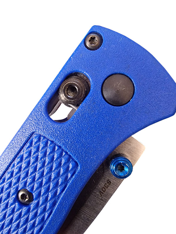 Benchmade Knives, A blue knife with close up view of the bolt lock mechanism. | Knifewarehouse