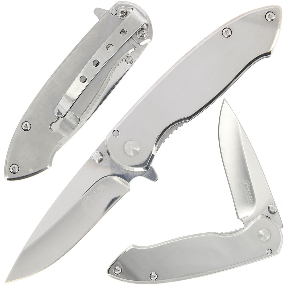 Multiple views of a shiny lock knife with linerlock mechanism. | Knifewarehouse