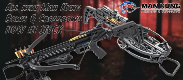 Man Kung Crossbows Now in Stock Banner Showing 2x Rifle Crossbows on a red Woodland Background.