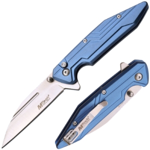 Ball Bearing Flipper Wharncliffe Knife in Blue showing Opened and Closed Views