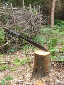 A Machete in the wild. Photo showing a knife embedded in felled tree stump. 