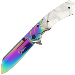 Rainbow lock knife with pear handle shown open on a white background.