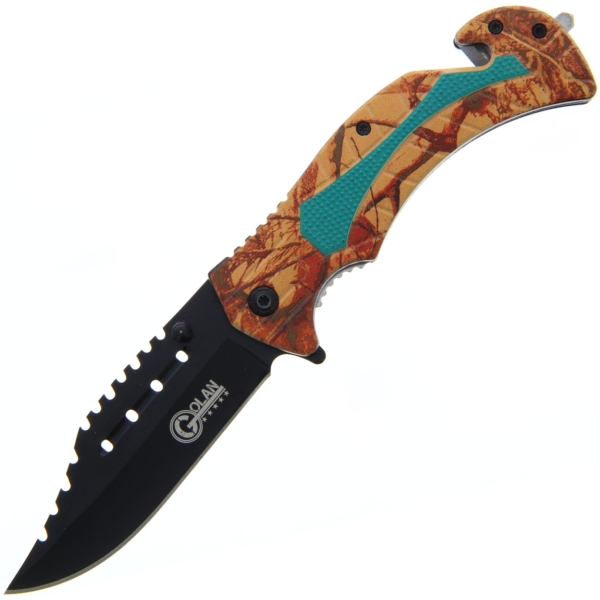 Golan lock knife with orange camo handle, belt cutter and glass braker.