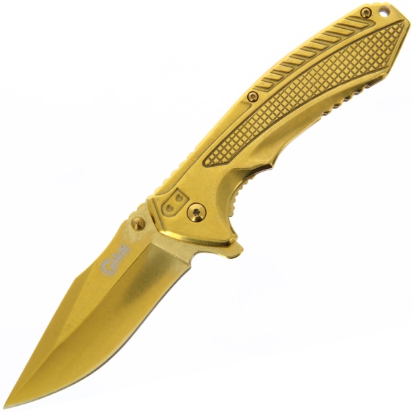 Golan Simple Gold Linerlock Knife shown open on a white background.