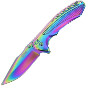 Golan Simple Rainbow Linerlock Knife shown open on a white background.