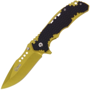 Golan Honeycomb Gold Lock Knife shown open a white background.