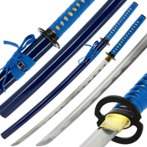 The 1095 High Carbon Steel Golan Katana in Blue shown in various angles on a white background.