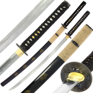 1045 Medium Carbon Steel Raw Golan Katana shown on white background - open, sheathed, front and close ups.