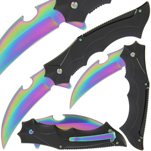 Rainbow Karambit Linerlock Knife shown open and closed with a view of the rainbow pocket clip.