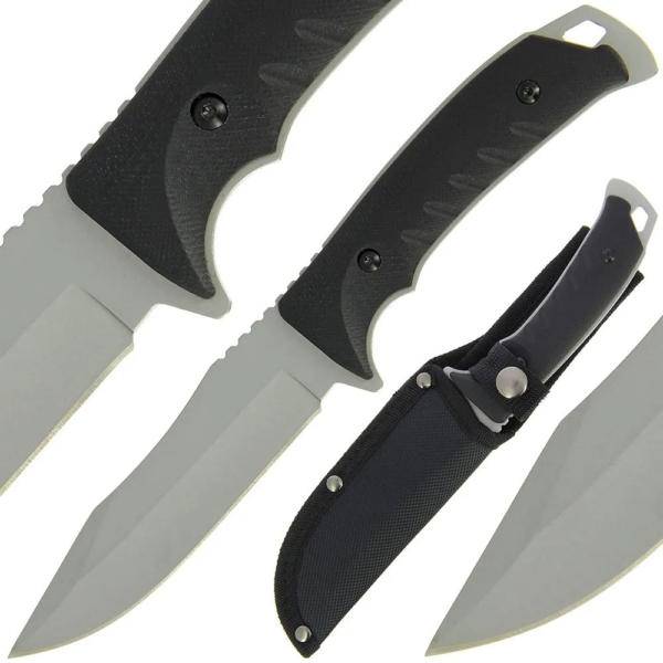 G10 Fixed Blade Knife with awesome clipped point shown with sheath.