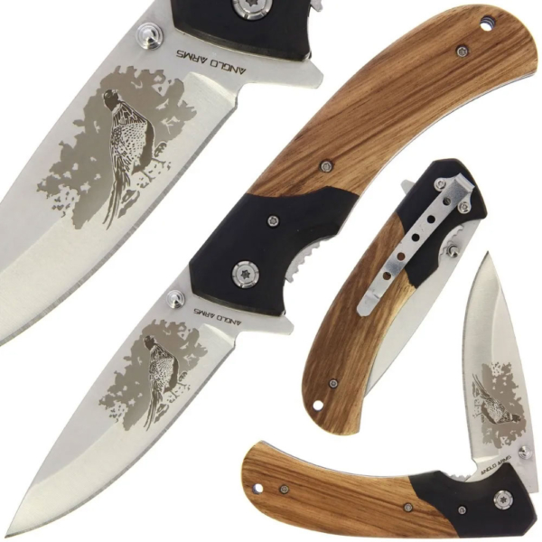 Anglo Arms Pheasant Linerlock Knife shown open and closed with a view of the pocket clip.
