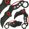 Karambit Lock Knife Black & Red shown open and closed on a white background with distinctive red accents.