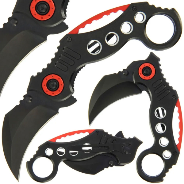 Karambit Lock Knife Black & Red shown open and closed on a white background with distinctive red accents.