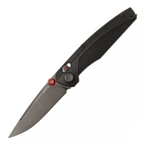 The A100 Magnacut Black ANV Lock Knife shown with high flat ground blade open. Features a red thumb stud with A-Lock mechanism with a black GRN handle. On a white background.