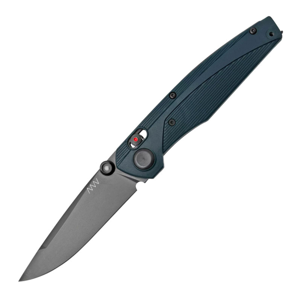 Acta Non Verba A100 Blue Magnacut lock knife with the blade open showing the thumb stud, a-lock mechanism, DLC coating and cool blue handle. On a white background.