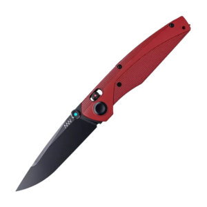 Acta Non Verba A100 Elmax Lock Knife in Red with the blade open, ANV A-lock showing it's sleek black finish and high flat blade grind.lack