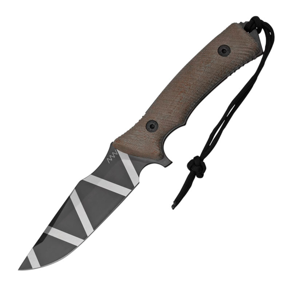 ANV M311 Spelter Coyote Camo Knife shown with high flat ground camo DLC blade unsheathed with brown micarta handle on a white background.
