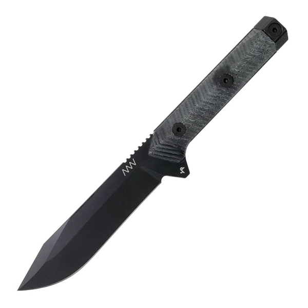 ANV M73 Kontos Survival Knife shown without sheath. The blade is high flat ground, comes with a clipped point and a minimalist ANV logo. On white background.