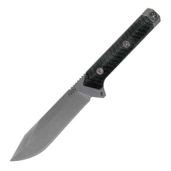 ANV M73 Kontos Stonewashed Survival Knife shown without sheath on a white background. Displays the knife's high flat grind, clipped point and comfortable handle.