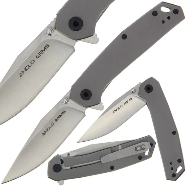 007 Framelock knife from Anglo Arms shown in various open and closed positions on a white background.