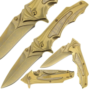 Damascus style golden lock knife shown in multiple open and closed positions on a white background.