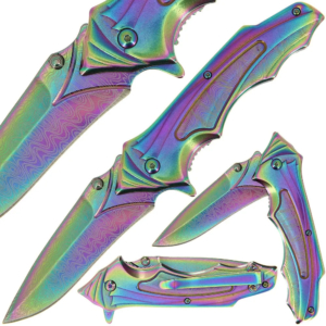 Rainbow damascus style lock knife shown in various open and closed positions on a white background.