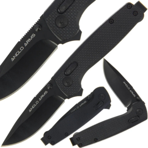 All black Anglo Arms Bolt Lock knife shown in various open and closed positions on a white background.