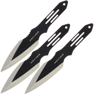 Triple set of Anglo Arms Dual Tone throwing knives shown on a white background.