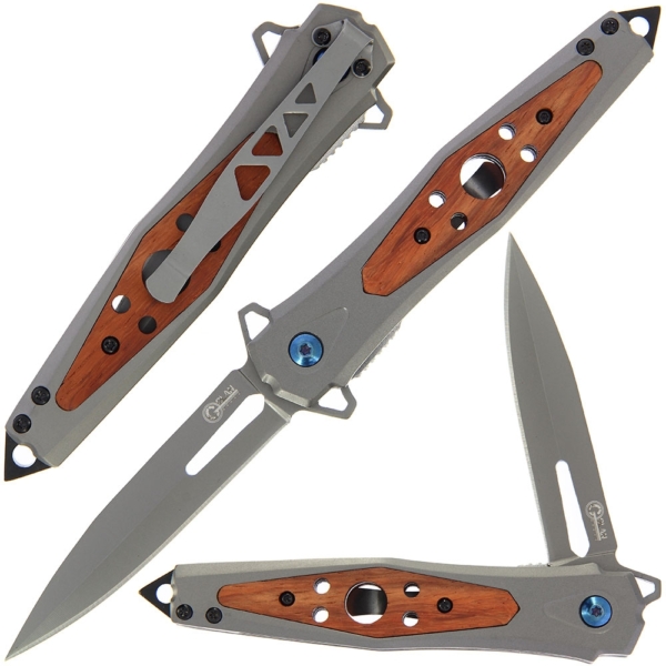 Golan Pakkawood Insert Lock Knife shown open, closed and partial open on a white background. Shows the wooden pakkawood insert in the handle and the spear point blade.