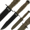 Golan Austrian Fixed Blade Knife shown front, back and in sheath. Shows black blade with clip pointed blade and saw back on a white background.