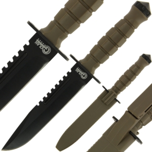 Golan Austrian Fixed Blade Knife shown front, back and in sheath. Shows black blade with clip pointed blade and saw back on a white background.