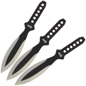 Three black and silver Golan Throwing Knives on a white background. Blades are leaf shaped and the knives have slight fingers guards. The handles feature multiple drilled holes that results in a blade heavy throwing knife.
