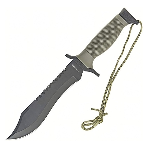 12 Inch Clip Point Survival Knife shown open on a white background. The blade is visible with large recurve and the green handle comes with lanyard cord.