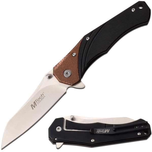 MTech Copper Effect Framelock Knife shown with blade open and copper effect dual tone handle visible on a white background.