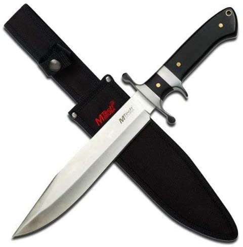MTech USA Satin Fixed Blade Knife shown crossed over with sheath on a white background.