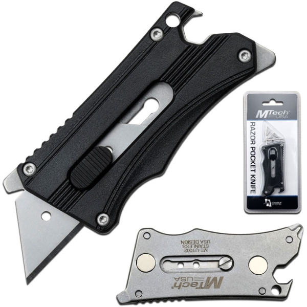 MTech USA Razor Slide Knife shown front and back with picture in the background of the packaging.