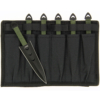 Triple set of throwing knives shown with a black nylon sheath on a while background.