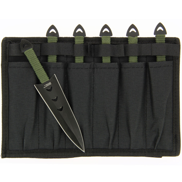 Triple set of throwing knives shown with a black nylon sheath on a while background.