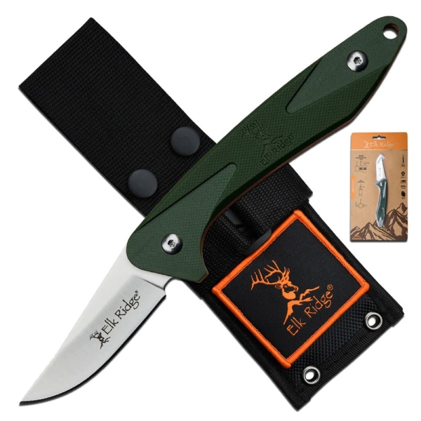 Elk Ridge Hinterland Fixed Blade Knife shown with blade out and green handle visible. On a white background with a picture of the packaging behind the knife.