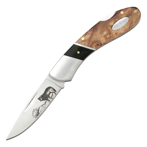 Elk Ridge Wolf Folding Knife shown open on a white background.