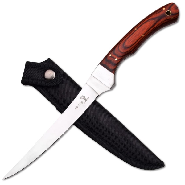 Elk ridge Pakkawood Filleting Knife shown with black nylon sheath