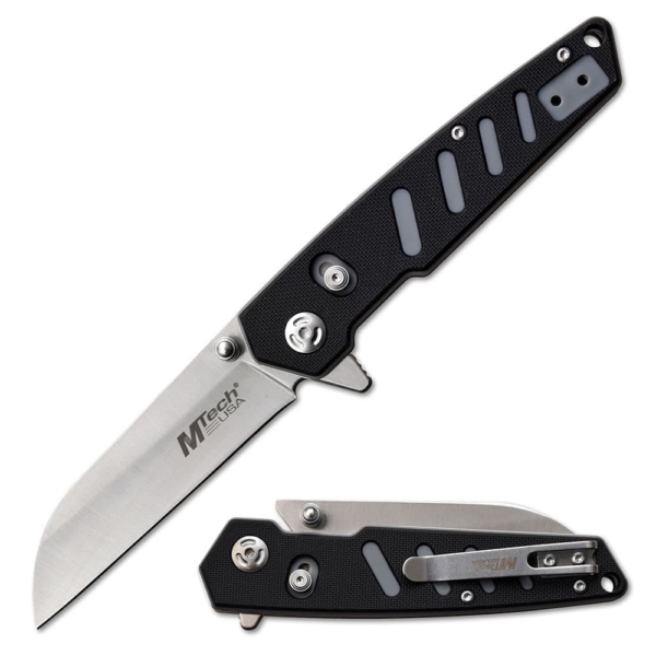 MTech USA Sidelock Wharncliffe Lock Knife shown open and closed with cool new locking mechanism visible on a white background.