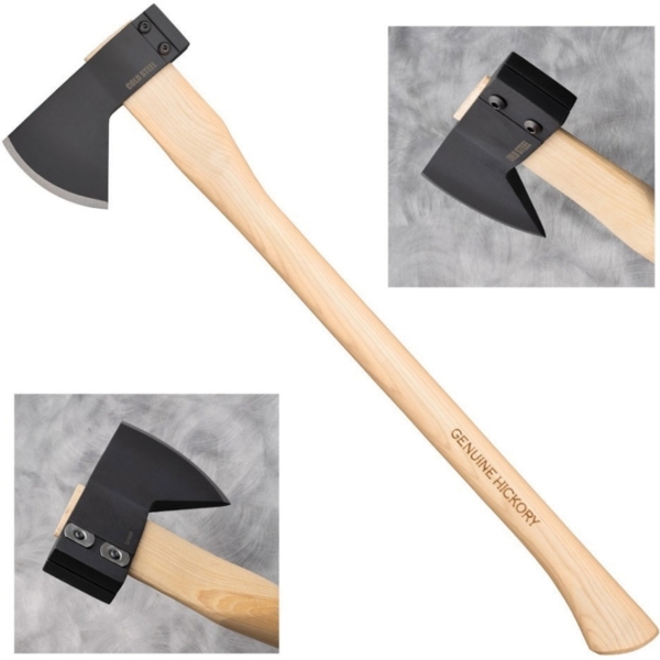 Cold Steel Hudson Bay Camp Axe shown in full and with close ups of the axe head.