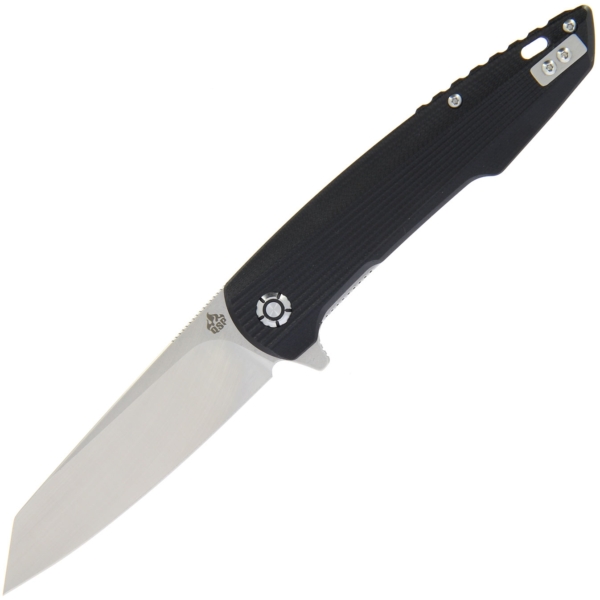 QSP Phoenix Liner Lock Knife Black Stonewashed G-10 shown open with high flat ground blade.