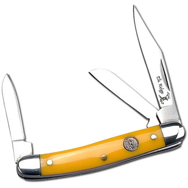 Elk Ridge Yellow Gentleman's EDC Knife shown with all three blades open on a white background.